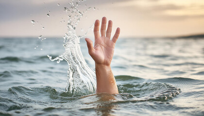 Hand reaching out from sea water, asking for help. Person drowning and sinking.