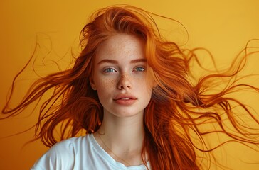 Naklejka premium Portrait of beautiful woman with long orange hair,Girl flicking her hair ,Wind blowing hair and make mess with it by covering her facehair flying in the wind,Beauty Portrait.