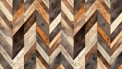 A pattern of wooden chevron planks, with each piece displaying different wood tones and textures for an organic feel