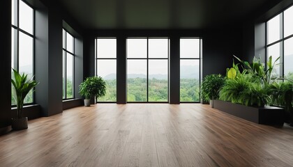 Fototapeta premium Black background empty room with plants on a floor