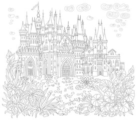 Fairy tale castle, lake and water plants. Coloring book page 