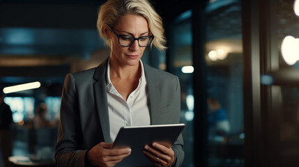 middle aged businesswoman manager wearing glasses looking at tablet, female entrepreneur