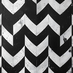 A black and white chevron patterned wall. The chevrons are white and black and are arranged in a zigzag pattern. The wall appears to be old and worn, with some areas showing signs of peeling paint