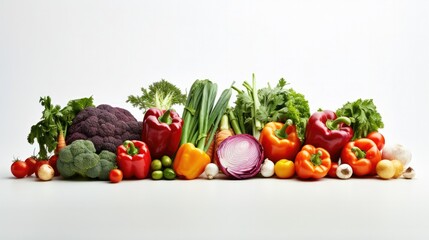 Photograph of a vibrant arrangement of organic vegetables on a bright white background, ready for a healthy meal
