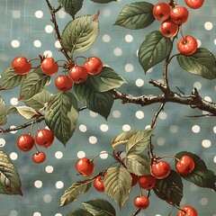 A painting of a tree with red cherries on it. The cherries are surrounded by white dots, giving the impression of snow. The painting has a serene and peaceful mood