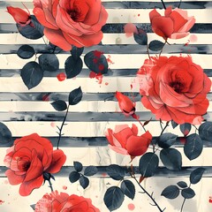A red rose with black stems and leaves is surrounded by white stripes. The image has a vibrant and lively feel, with the red roses standing out against the white background