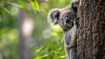 Fototapeta premium Curious Koala Peeking Out from Behind Tree in Serene Forest Environment