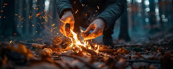 A closeup of hands carefully placing kindling on a campfire, flickering flames, forest background, realistic style, earthy tones, high resolution