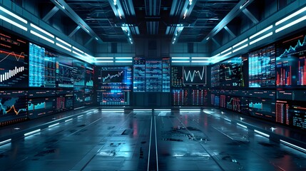 Futuristic High Tech Financial Trading Floor with Multifunctional Display Screens and Market Data Analytics
