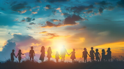 Fototapeta premium Silhouette Children Holding Hands Sunset Nature Togetherness Peaceful Outdoor