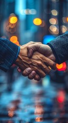 Handshake between two businessmen against the background of agreements and contracts.