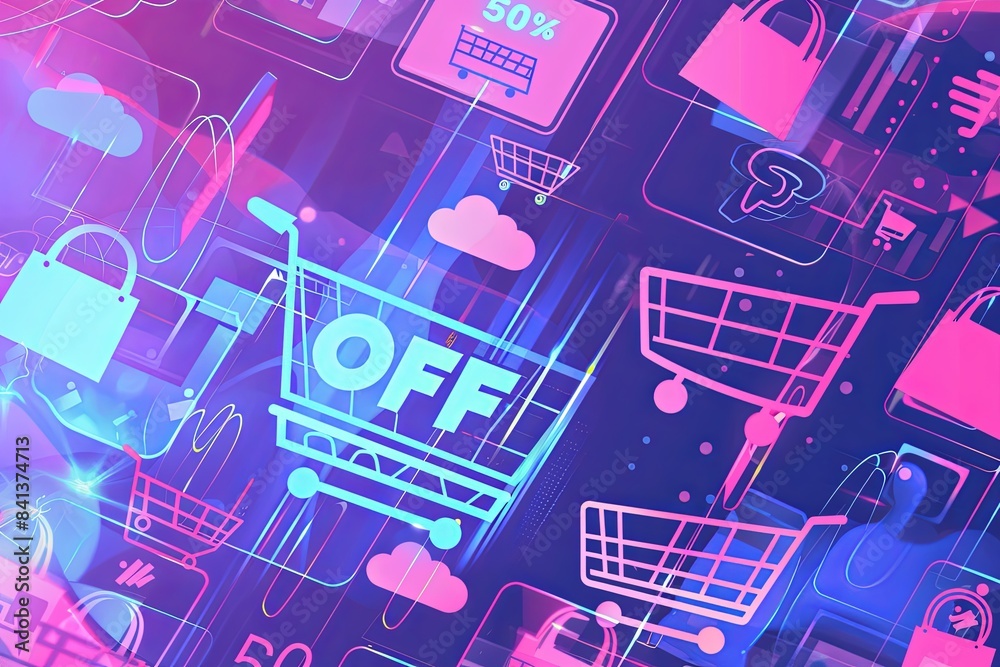Poster a vibrant abstract background depicting online shopping with multiple digital shopping carts, produc