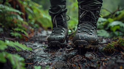 A person is walking through a muddy forest with their boots in the mud