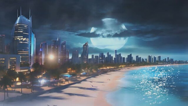 the atmosphere of the beauty of white sand beaches on the edge of modern urban areas with tall buildings and the beauty of the full moon, seamless looping time lapse virtual 4k video animation backgro