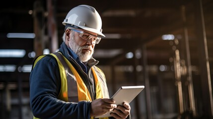 photograph of an elderly architect using a drone to survey a construction site, with a clear view of the surrounding landscape