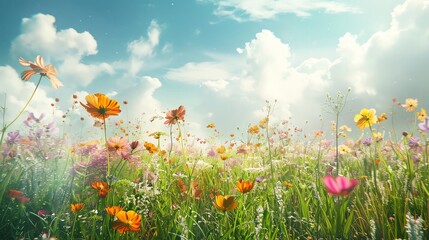 Naklejka premium Colorful wildflower meadow under a bright blue sky with fluffy clouds, evoking a sense of natural beauty and tranquility.