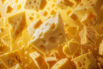 Melting cheese. Cheese background. Pieces of cheese falling on yellow background