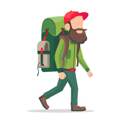 cartoon man with beard and backpack walking, happy face, vector illustration
