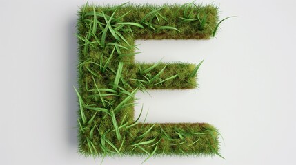 A vividly green, grassy letter E, each strand of grass carefully rendered to show natural variations in color and length, on a white background.