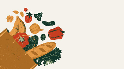 Grocery bag full of healthy food. Bread with banana and tomato with kale and avocado. Vector illustration