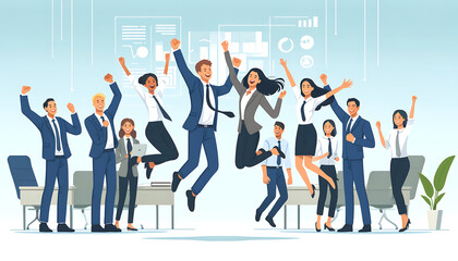 Illustration d'une équipe célébrant le succès. Les collègues sautent de bonheur dans un environnement de bureau symbolisant la réussite et la dynamique de groupe