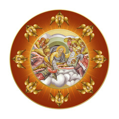 Naklejka premium Christian traditional image of Holy Prophet Moses accepts Law. Greek medallion in Byzantine style isolated
