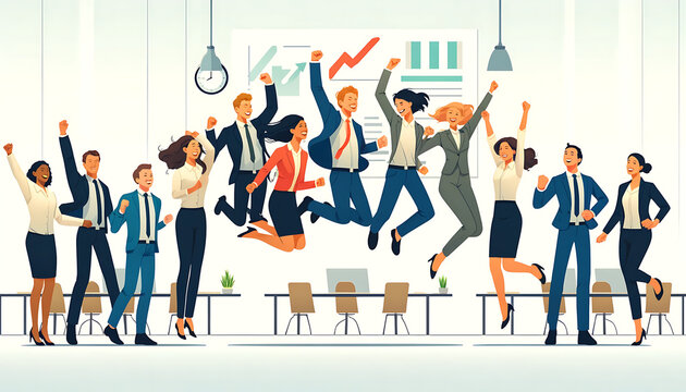 Illustration d'une &eacute;quipe c&eacute;l&eacute;brant le succ&egrave;s. Les employ&eacute;s en tenue professionnelle sautent de bonheur dans un bureau , soulignant la collaboration et la victoire collective