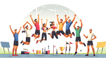 Athlètes célébrant leur victoire avec un trophée dans une illustration. Leur joie et leur excitation dans le montrent l'unité et la réussite sportive