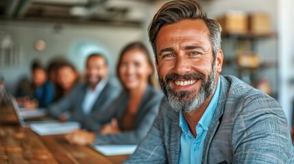 Fototapeta premium A man with graying hair and a beard smiles confidently while his team works in the background