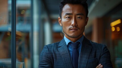 Obraz premium A businessman in a suit stands with his arms crossed, gazing confidently forward in a modern office building