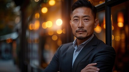 Fototapeta premium A man in a suit stands confidently with his arms crossed, illuminated by the warm glow of city lights