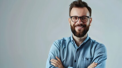 Obraz premium Smiling Scrum Master in Casual Office Attire on Colored Background