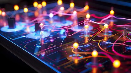 Photograph of electrons flowing through a semiconductor material, creating a colorful electroluminescence display