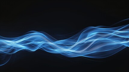 An abstract composition of smooth, wavy blue lightning bolts flowing like water, against a stark black background, giving a sense of motion.