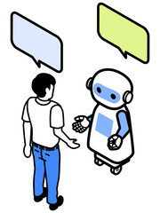 ロボットと会話する男性　半袖ワイシャツ