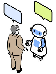 ロボットと会話するシニア男性