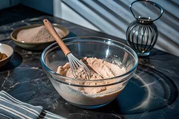 A cake mix in a glass bowl with stirrer front view on table