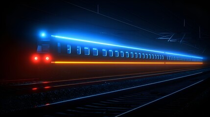 A train with neon blue and orange lights speeds along railroad tracks at night, creating a futuristic atmosphere
