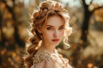 Graceful Beautiful young princess. Blonde elegant regal daughter posing indoor. Generate ai