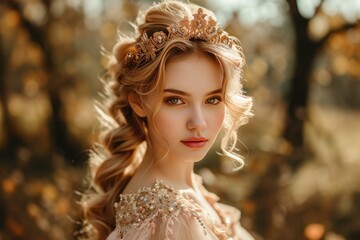 Fototapeta premium Graceful Beautiful young princess. Blonde elegant regal daughter posing indoor. Generate ai