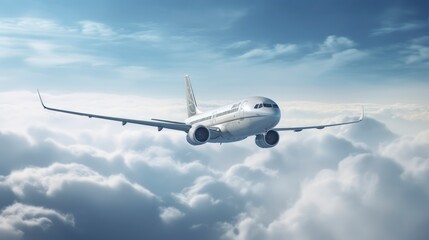 Fototapeta premium Commercial airplane flying above clouds in the blue sky.