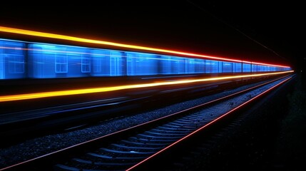 Fototapeta premium A train with neon blue and orange lights speeds along railroad tracks at night, creating a futuristic atmosphere