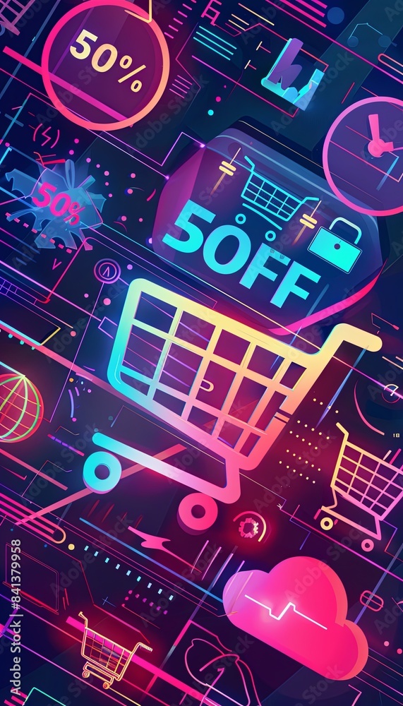 Poster an abstract background with neon glowing shopping carts, product icons, and a large 50% off text. ge