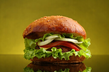 Delicious vegetarian burger on mirror surface against olive background
