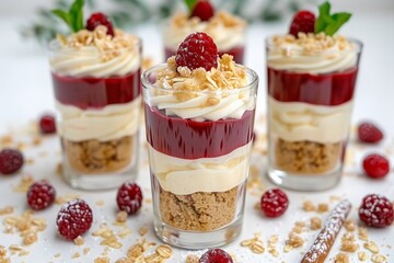 Parfait with layers of granola, yogurt, and raspberries, vibrant and delightful, perfect for breakfast lovers, colorful breakfast photography, sweet
