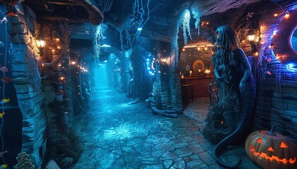 Underwaterthemed Halloween event with ghostly mermaids, sunken ship decorations, and eerie underwater sound effects