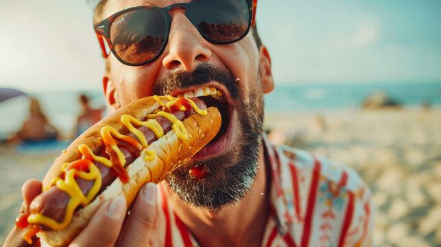 A bearded funny man in sunglasses is eating a hot delicious hot dog with mustard and ketchup on the beach on a sunny hot day. The scene is carefree and fun - Powered by Adobe