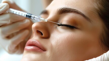 The doctor cosmetologist makes the Rejuvenating facial injections procedure for tightening and smoothing wrinkles on the face skin of a beautiful, young woman in a beauty salon.Cosmetology skin care.