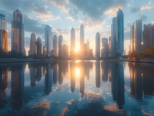 Fototapeta premium Magnificent Skyline Reflected in Tranquil River at Golden Hour