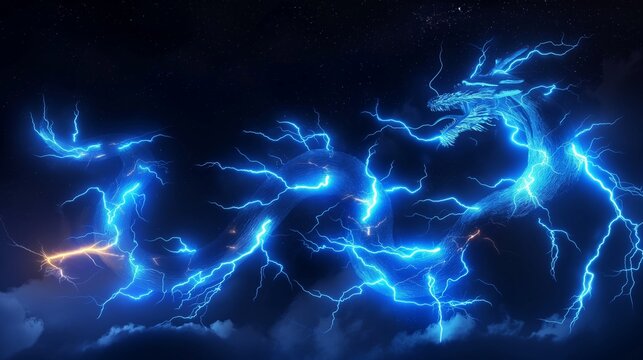 An artistic rendering of a cluster of blue lightning bolts forming a dragon shape, with the illusion of fiery electricity against a dark night sky.